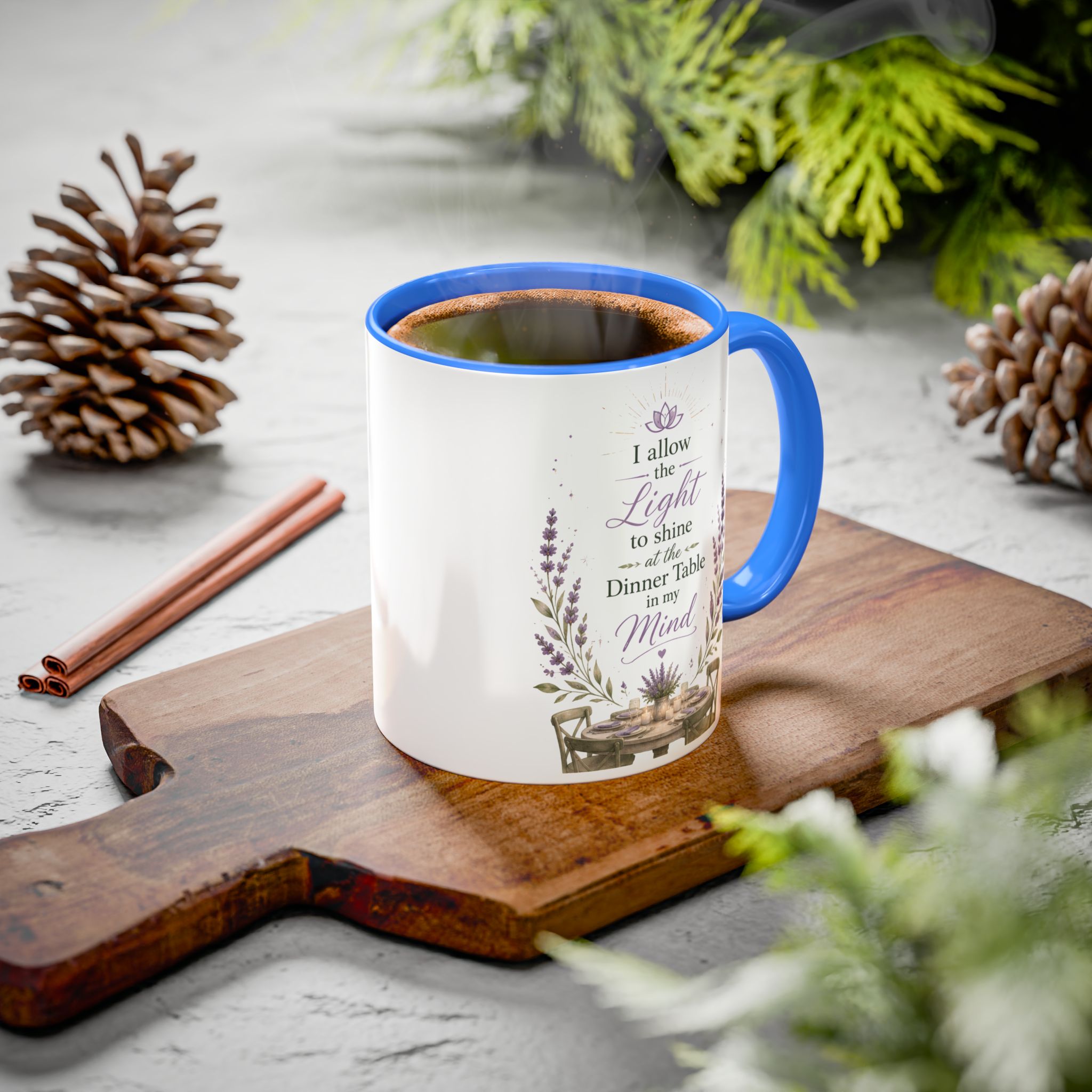 Inspirational Lavender Mug – "I Allow the Light to Shine at the Dinner Table in My Mind" (11oz & 15oz) - Image 5