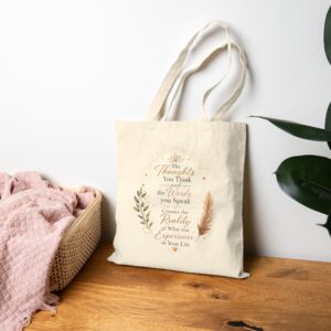 Inspirational Quote Canvas Tote Bag — “The Thoughts You Think” Boho Feather Design