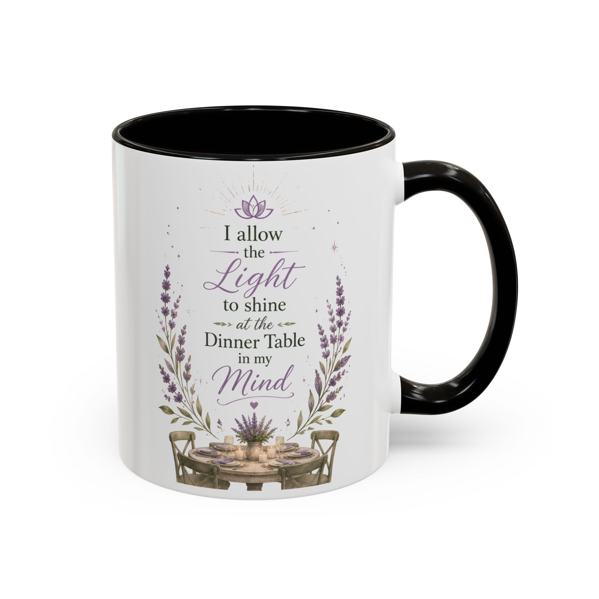 Inspirational Lavender Mug – "I Allow the Light to Shine at the Dinner Table in My Mind" (11oz & 15oz) - Image 2