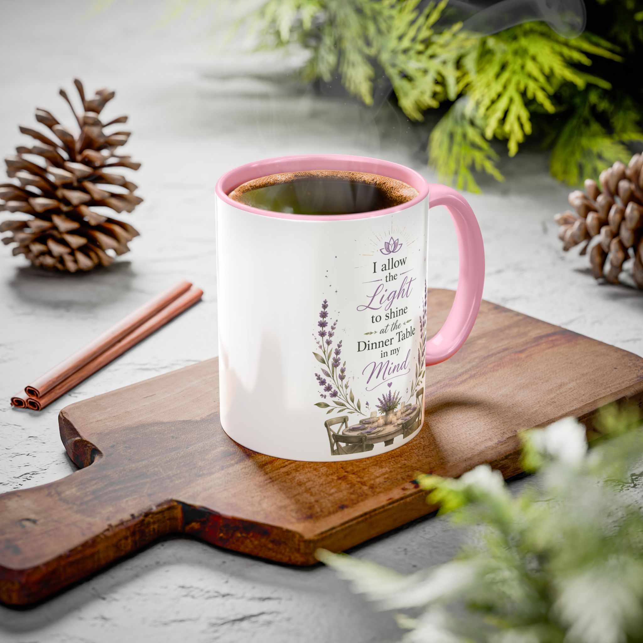 Inspirational Lavender Mug – "I Allow the Light to Shine at the Dinner Table in My Mind" (11oz & 15oz) - Image 13