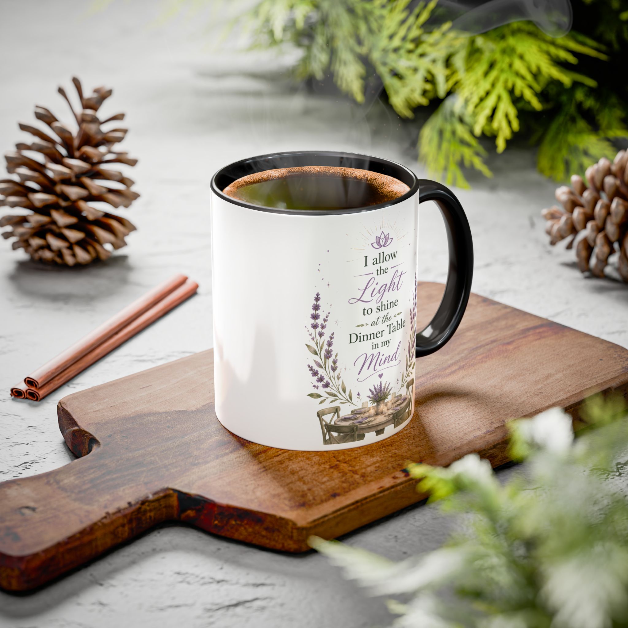 Inspirational Lavender Mug – “I Allow the Light to Shine at the Dinner Table in My Mind” (11oz & 15oz) Inspirational Lavender Mug – “I Allow the Light to Shine at the Dinner Table in My Mind” (11oz & 15oz)