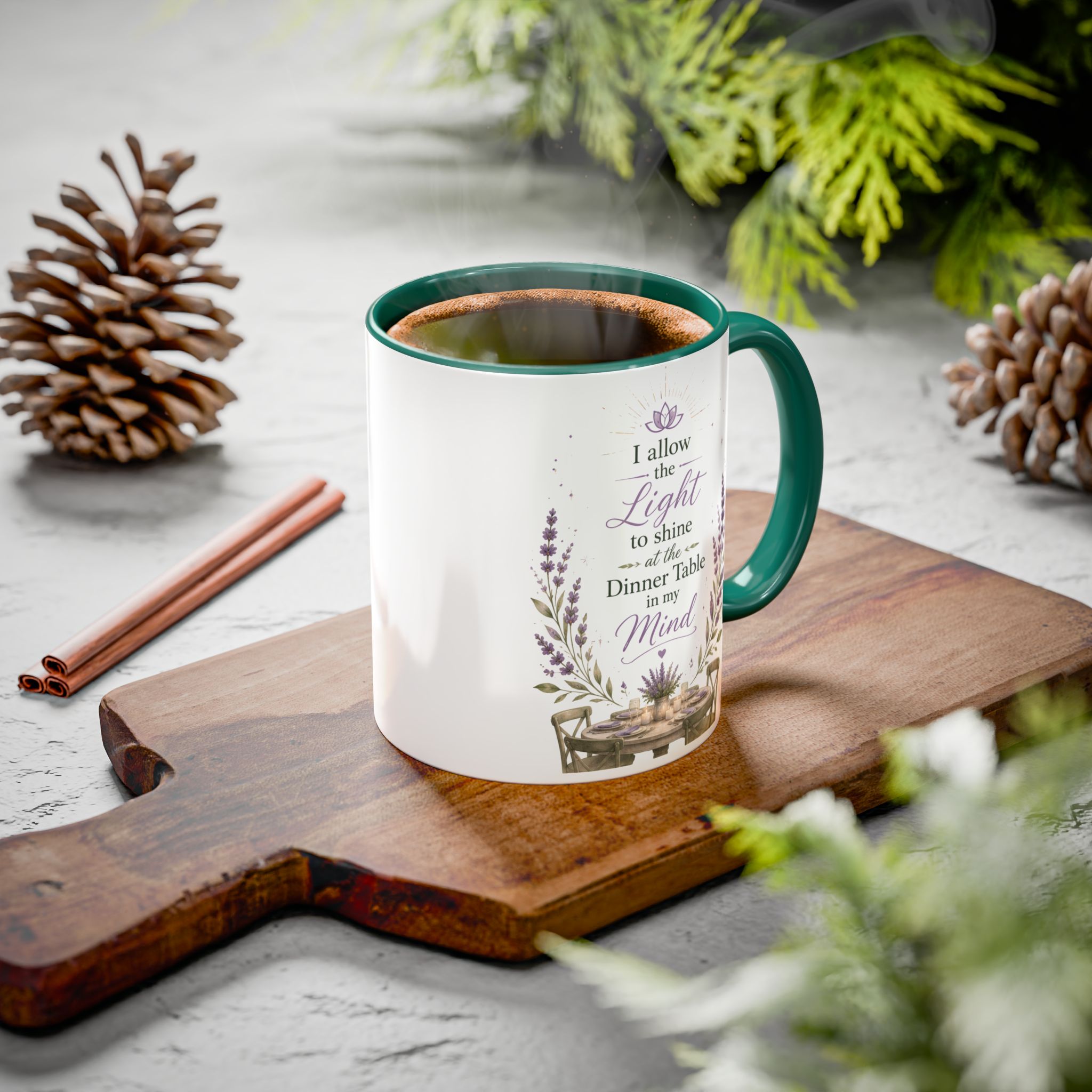 Inspirational Lavender Mug – "I Allow the Light to Shine at the Dinner Table in My Mind" (11oz & 15oz) - Image 9