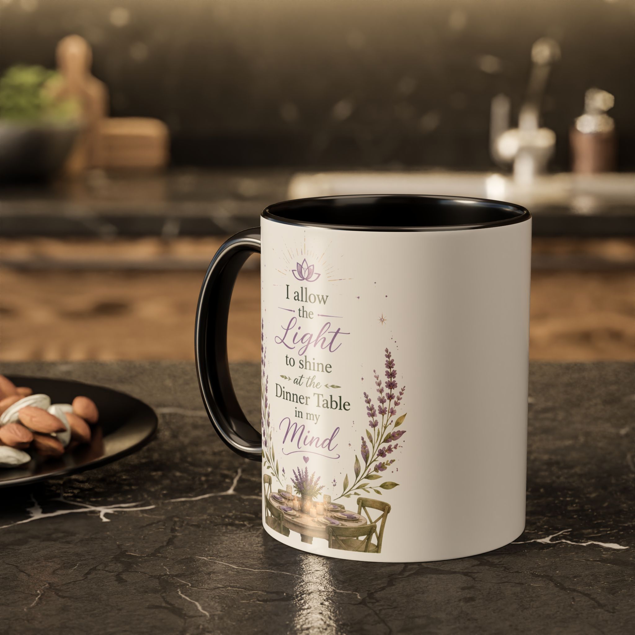 Inspirational Lavender Mug – "I Allow the Light to Shine at the Dinner Table in My Mind" (11oz & 15oz) - Image 4